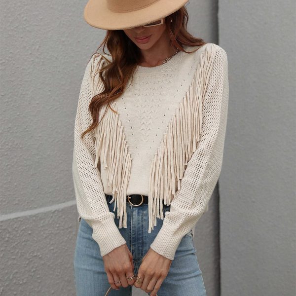 Trending fashion women casual knitwear o neck solid color elegant knitted elegant sweaters with tassel - Image 2