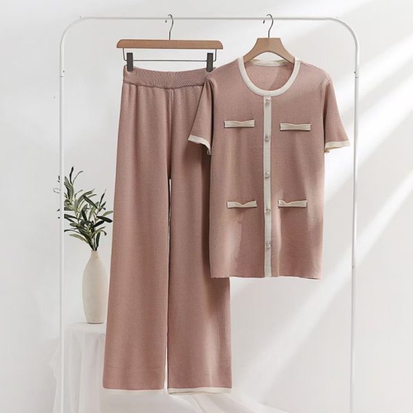 fashion oversize color blocking lounge wear knitted elegant 2 piece pants set women - Image 3