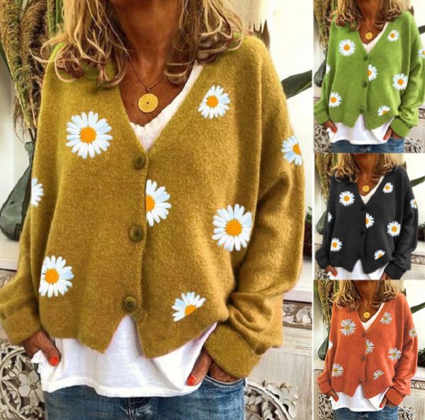 Hot sales v neck short oversize casual Ladies knitwear single breasted daisy cardigans sweaters - Image 2