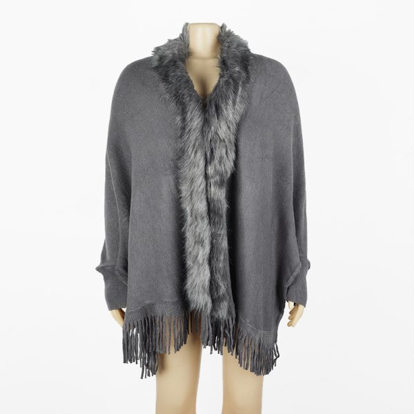women plush tassel sweater ponchos cardigan winter warm Fringed shawl fur collar luxury coat pure color cloak - Image 3
