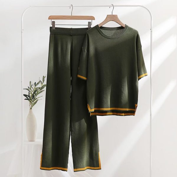 women casual knitted 2 piece matching outfits pure color o-neck loose side split sweater top knitwear - Image 6
