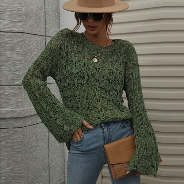 New design round neck women pullover hollow out solid color loose long sleeve fashion crocheted sweaters - Image 3