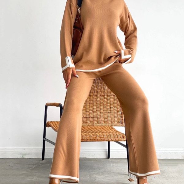 Women clothing high neck loose tops contrast color loungewear cozy knitted 2 piece cashmere sweater set - Image 3