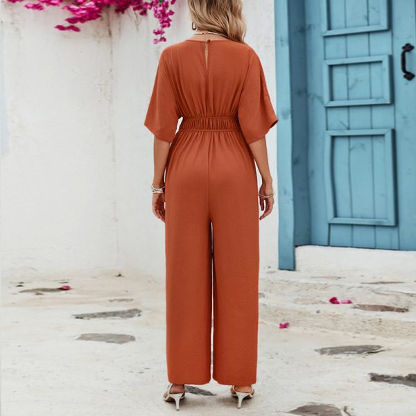 Summer Fashion Women Jumpsuit Elegant Solid Color Short Sleeve V-Neck Long Jumpsuit - Image 3