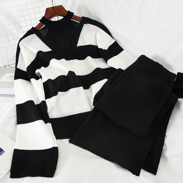 hollow out striped elastic sweaters casual lounge wear color blocking women 2 piece pants set