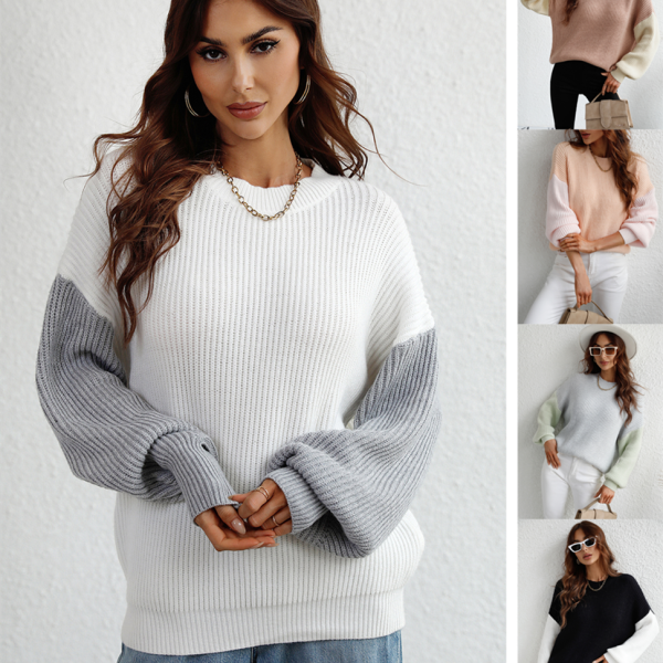 High quality women casual oversize color blocking o-neck long sleeve pullover cotton knitted sweater - Image 4