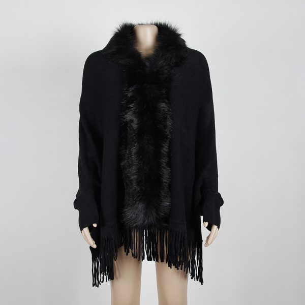 Winter solid color tassel Fur collar Shawl Cloak Faux fur coats women cashmere sweater poncho knit cardigan - Image 4