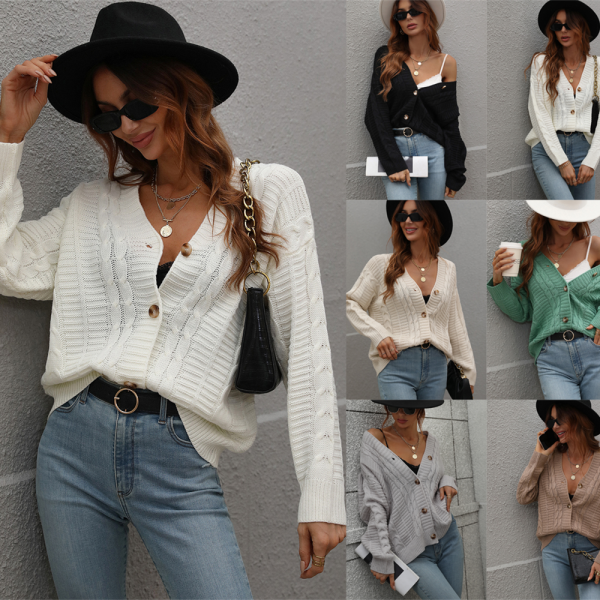 Twisted long sleeve v neck single-breasted cardigan loose knitted causal sweaters with button - Image 4