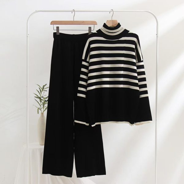 thick basic stripe 2 piece knitwear pullover sweater top knitted wide leg pants set women - Image 3