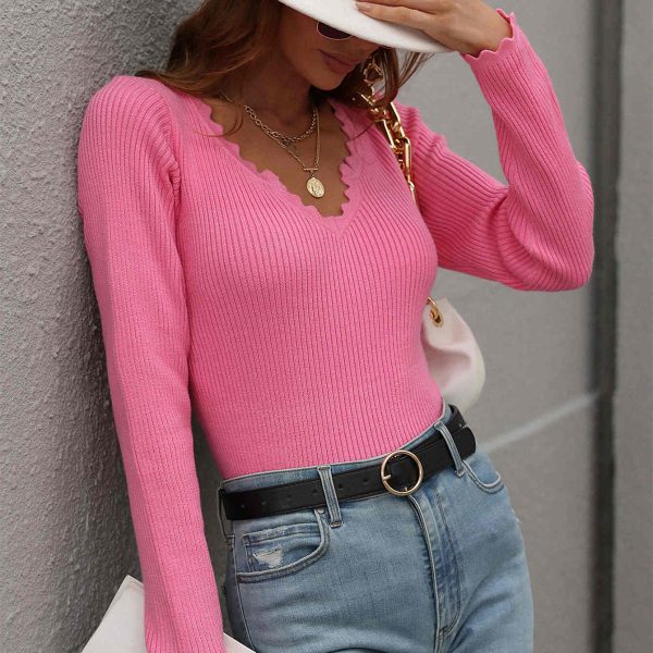 autumn winter pure color lacework skinny basic tops sexy v neck bodycon sweaters for women - Image 2