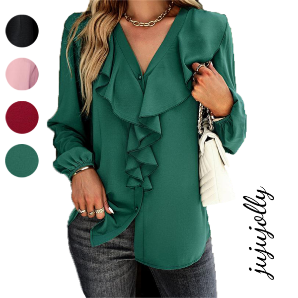 Elegant Commuter Long Sleeve Comfortable Wrinkle Lotus Leaf Hem Shirt Four Seasons Top for Women