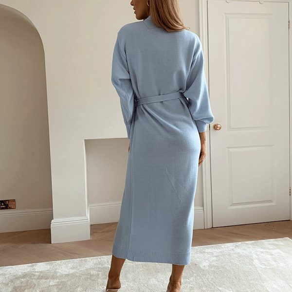 women elegant Loungewear dress v neck plush pure color lace up long length cardigans - Image 2