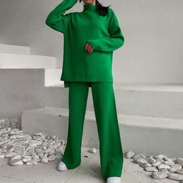 Hot selling solid color cozy comfort matching outfits women elegant loungewear loose knit 2 piece pants set - Image 6