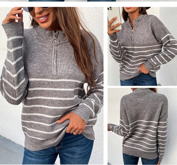 Trending pullover sweaters women casual knitted stripe blouse zipper up oversize knitwear winter autumn tops - Image 3