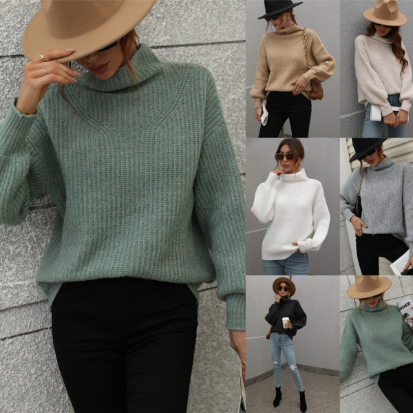 high neck lantern sleeve solid color tops women knitted loose elegant sweaters - Image 6