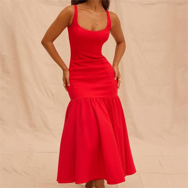 Women's Sexy Slim Fit Bodycon Midi Dress Spring Spaghetti Strap Ruffles Decoration Breathable Chiffon Fabric Patchwork - Image 3