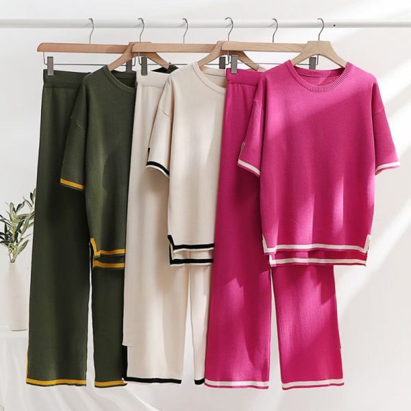 women casual knitted 2 piece matching outfits pure color o-neck loose side split sweater top knitwear