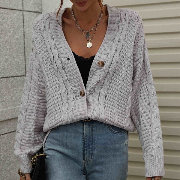 Twisted long sleeve v neck single-breasted cardigan loose knitted causal sweaters with button - Image 5