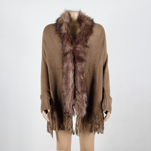 Winter solid color tassel Fur collar Shawl Cloak Faux fur coats women cashmere sweater poncho knit cardigan - Image 3