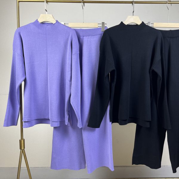Latest design turtleneck oversize sweaters wide leg pants elegant knitted women 2 piece outfits - Image 6