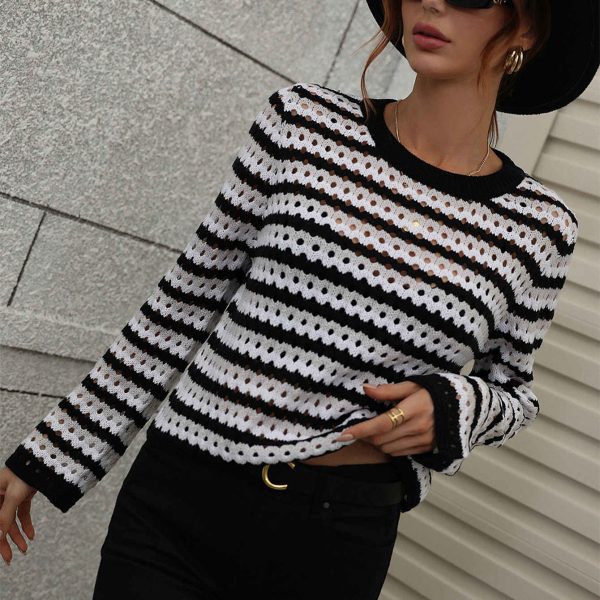 hot sales striped long sleeve tops round neck jumpers knitted casual pullover sweaters for women - Image 4