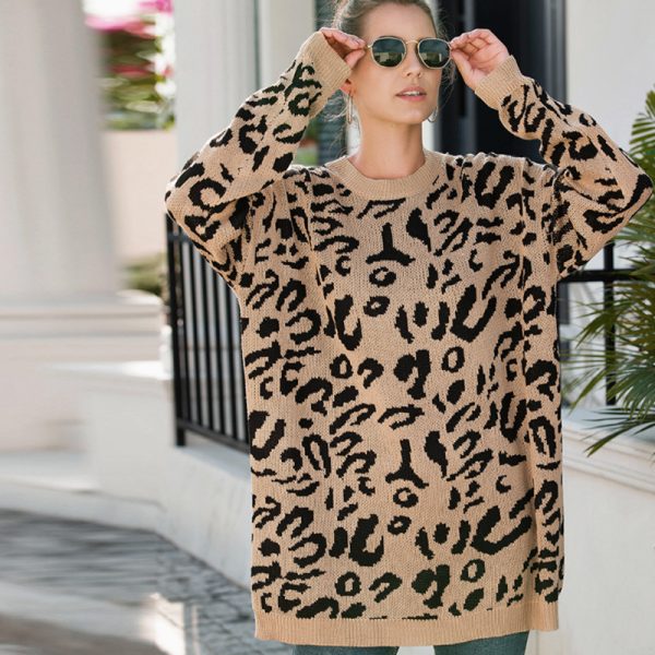 latest design lazy style leopard print women sweater pullover round neck knitted dress - Image 5
