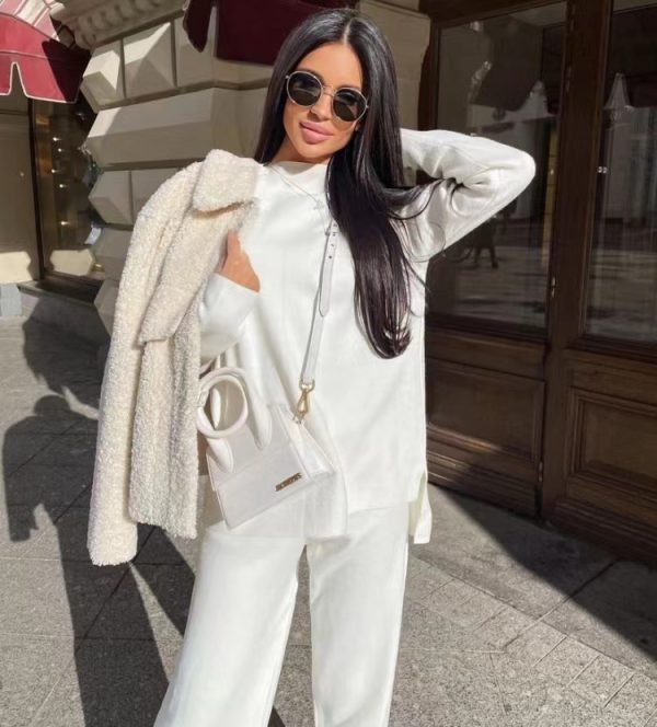 Hot selling solid color cozy comfort matching outfits women elegant loungewear loose knit 2 piece pants set - Image 3