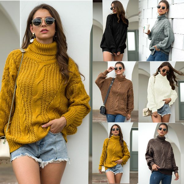 Autumn winter college style knitted women twist turtleneck pullover oversize solid color sweaters