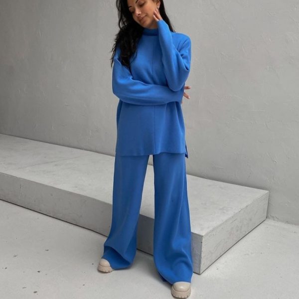 Hot selling solid color cozy comfort matching outfits women elegant loungewear loose knit 2 piece pants set