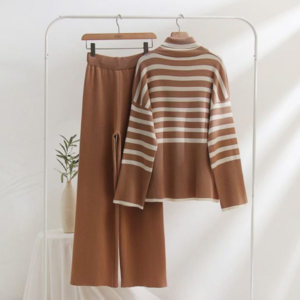 Women's Cashmere Suit Plain Knitted Turtleneck striped Female Wool Sweater Pant Knit Two Piece set - Image 5