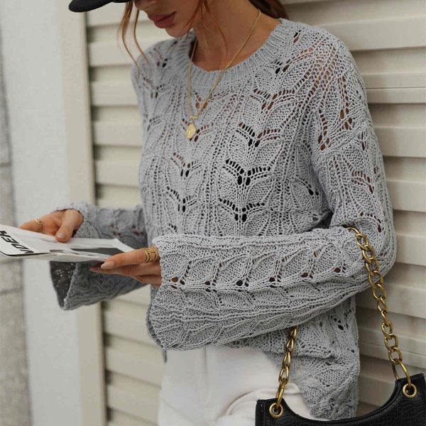 New design round neck women pullover hollow out solid color loose long sleeve fashion crocheted sweaters - Image 5