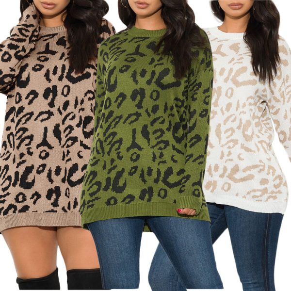 latest design lazy style leopard print women sweater pullover round neck knitted dress