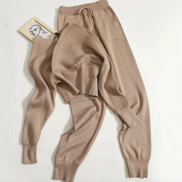 V Neck Cropped Sweatshirt solid color leisure pullover Women casual knit two piece set - Image 3
