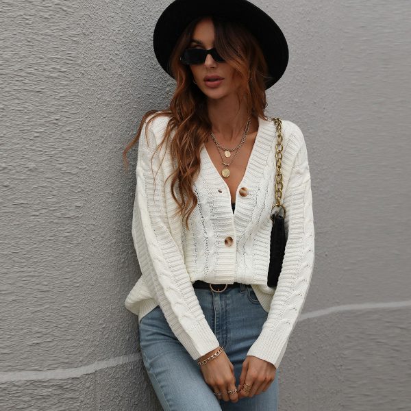 Twisted long sleeve v neck single-breasted cardigan loose knitted causal sweaters with button - Image 2
