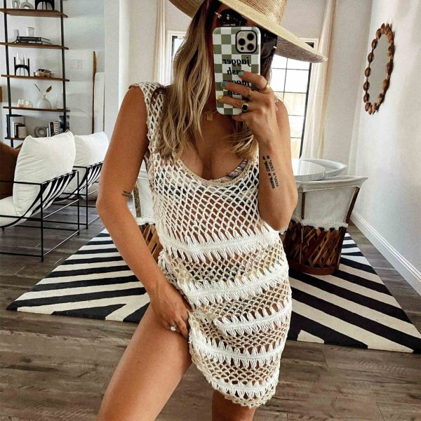 Hot selling color blocking beach wear cover slim fit sexy mesh see through mini crocheted women dress