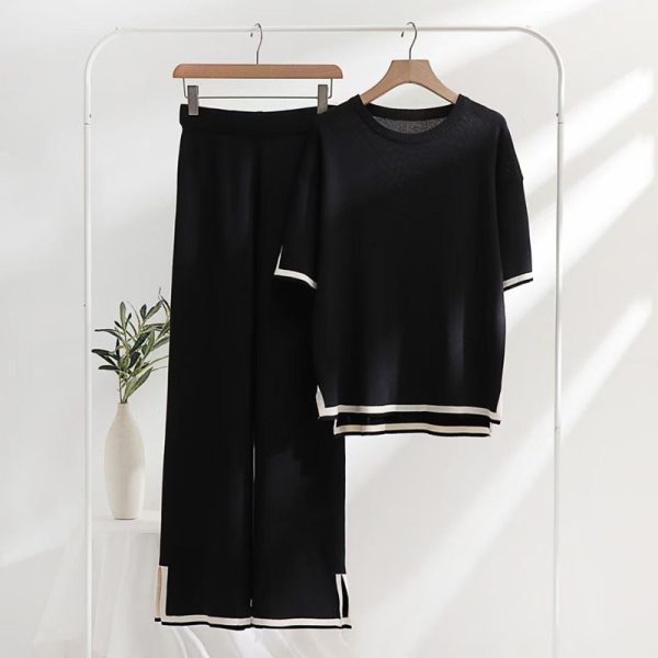 women Color Blocking loose short sleeve sweater top split pants knitted two-piece set - Image 5