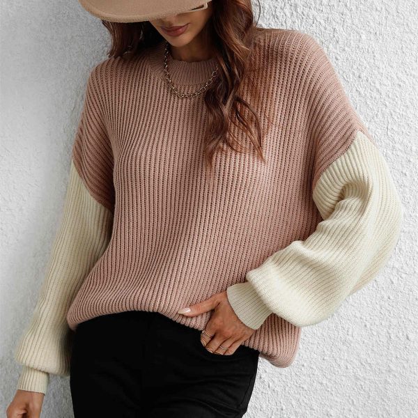 High quality women casual oversize color blocking o-neck long sleeve pullover cotton knitted sweater - Image 6