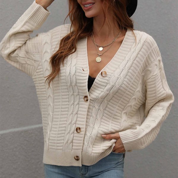 Twisted long sleeve v neck single-breasted cardigan loose knitted causal sweaters with button
