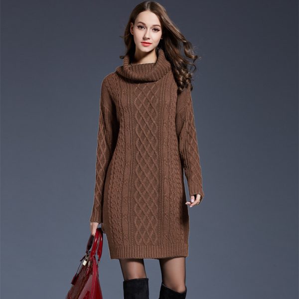 solid color knitted sweaters high neck warm thicken elegant short dress knit dress - Image 3