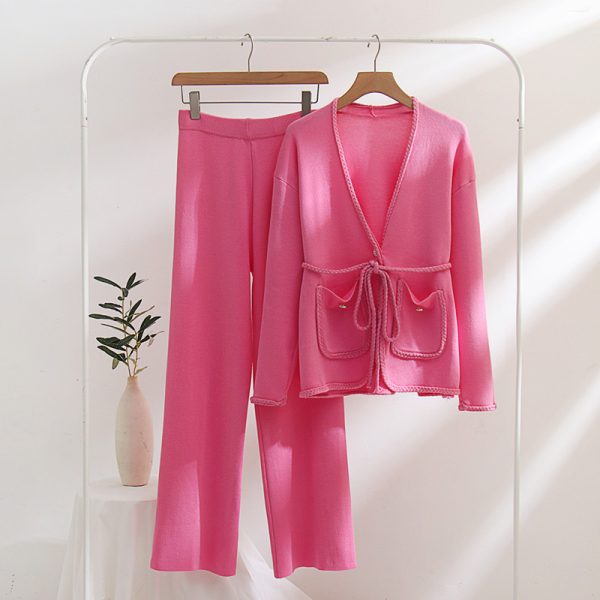 High Quality Winter Autumn Knitted Solid color Long Sleeve V Neck H type 2 Piece Set Women Sweater Suit - Image 3