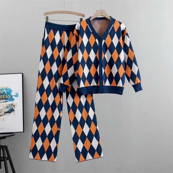 Trendy v neck single-breasted sweaters coats diamond pattern women casual streetwear wide leg pants set - Image 3