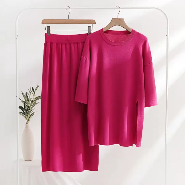 High quality side split sweater oversize top elegant lounge wear solid color women knitted 2 piece skirts set - Image 3