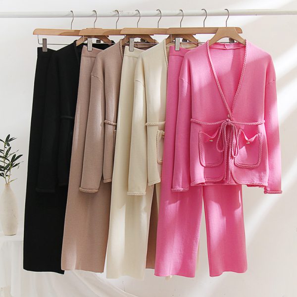 High Quality Winter Autumn Knitted Solid color Long Sleeve V Neck H type 2 Piece Set Women Sweater Suit