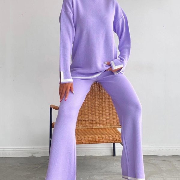 Trending Long sleeve sweater color blocking lounge wear knitted oversize high waist pants 2 piece set for women - Image 2