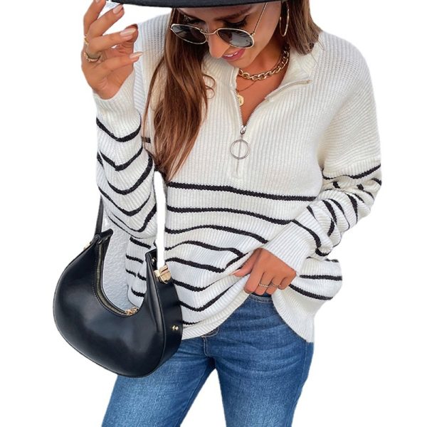 Trending pullover sweaters women casual knitted stripe blouse zipper up oversize knitwear winter autumn tops - Image 2