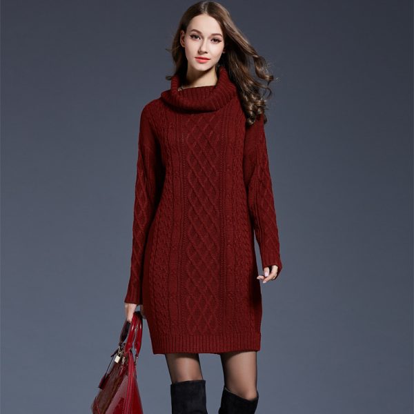solid color knitted sweaters high neck warm thicken elegant short dress knit dress - Image 4