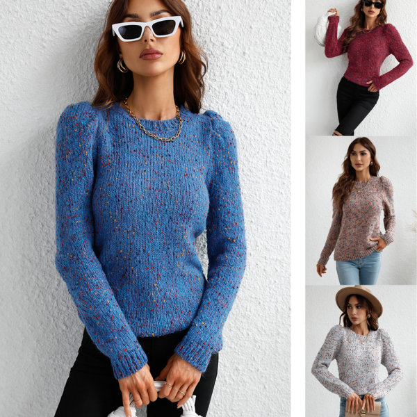 2024 Latest design slim fit pullover dot casual knitwear solid color o-neck puff sleeve women sweaters - Image 2