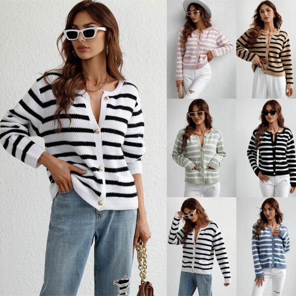single-breasted button o neck casual stripe sweaters elegant Knit Cardigan for women - Image 5