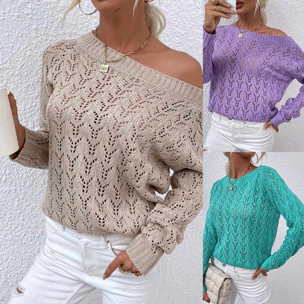 Hot sales pure color knitted off shoulder beach wear blouse tops women hollow out bat sleeve loose sweaters - Image 2