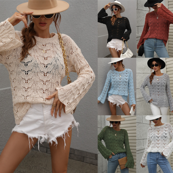 New design round neck women pullover hollow out solid color loose long sleeve fashion crocheted sweaters - Image 2